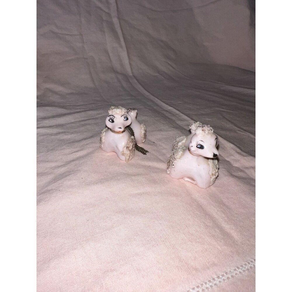 Vintage Ceramic Pink Spaghetti Poodle Figurines With Chains Collectible Mid Cent - Picture 1 of 10